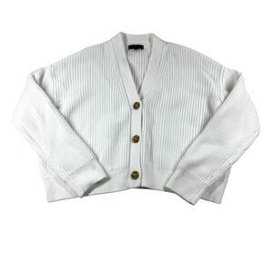 Quince Organic Cotton Fisherman Boxy Cropped Cardigan XS Ivory Chunky Knit